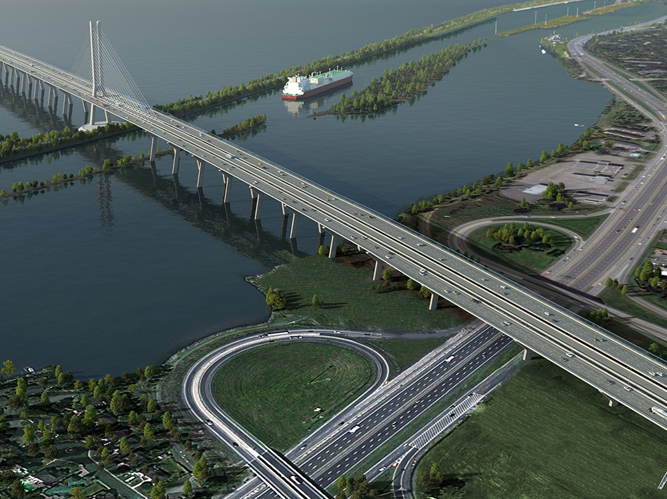 L'entrée du nouveau pont Champlain depuis Brossard