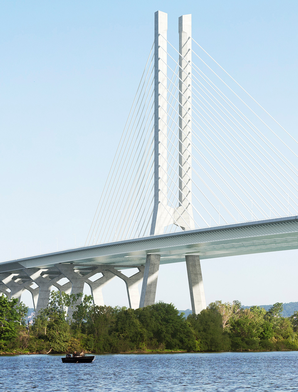 La structure du nouveau pont Champlain vue depuis le fleuve Saint-Laurent