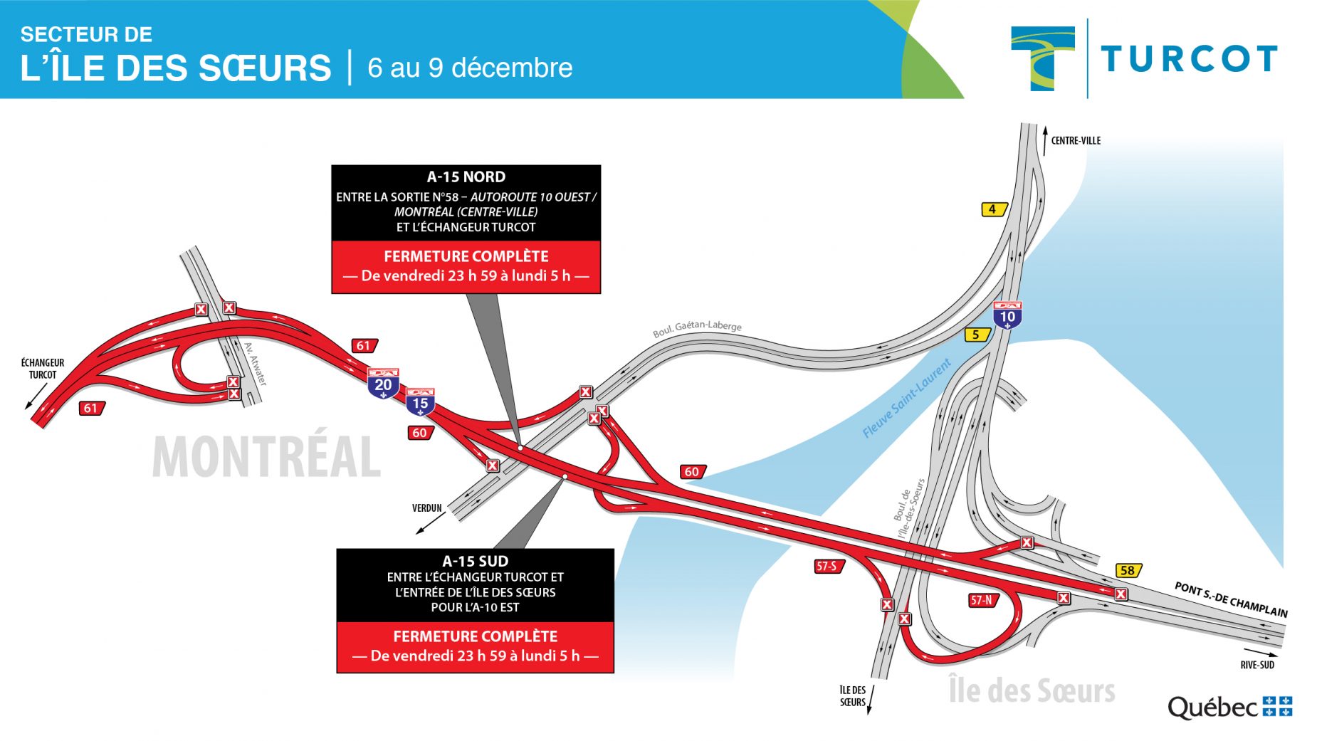 Fermetures majeures dans le corridor de l’autoroute 15 durant la fin de